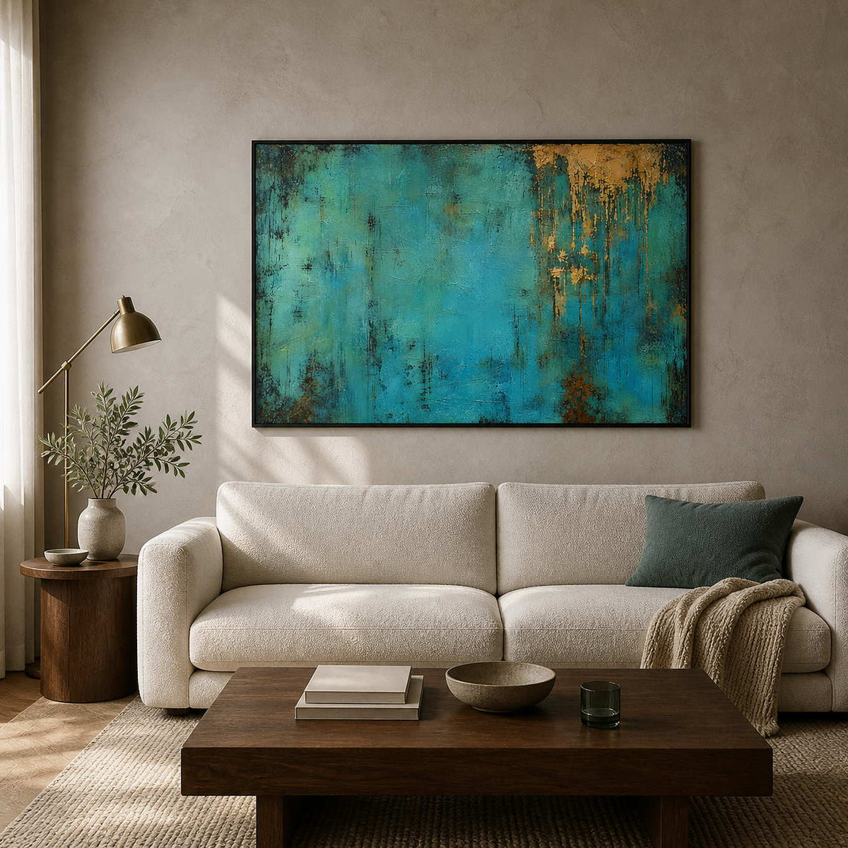 Turquoise abstract wall art displayed in a warm wood living room.