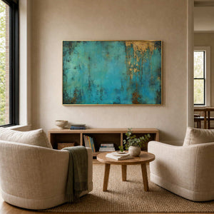 Turquoise and gold canvas adds color to a windowed family lounge.