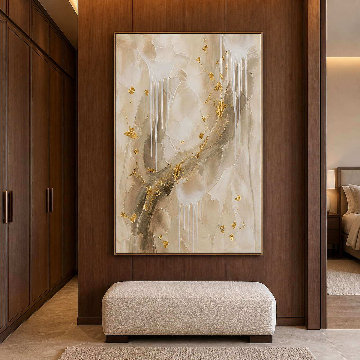 Gold and stone painting styled in a walnut bedroom entry.