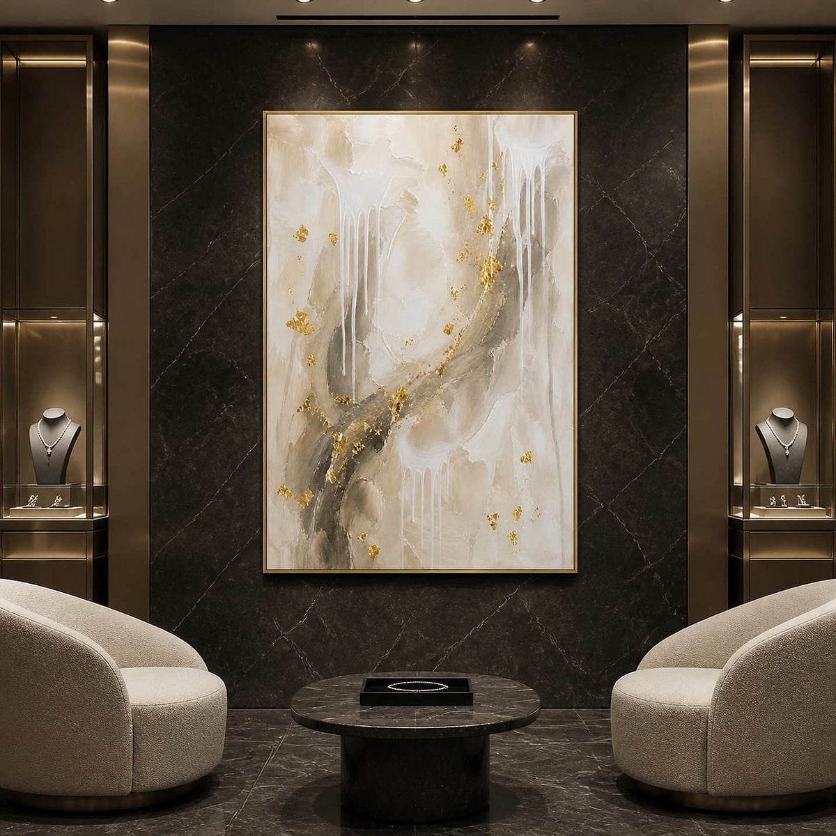 Luminous gold abstract wall art in an obsidian boutique lounge.