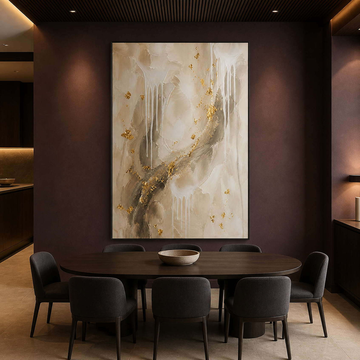 Luminous ivory and gold painting in a smoky plum dining room.