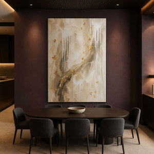 Luminous ivory and gold painting in a smoky plum dining room.