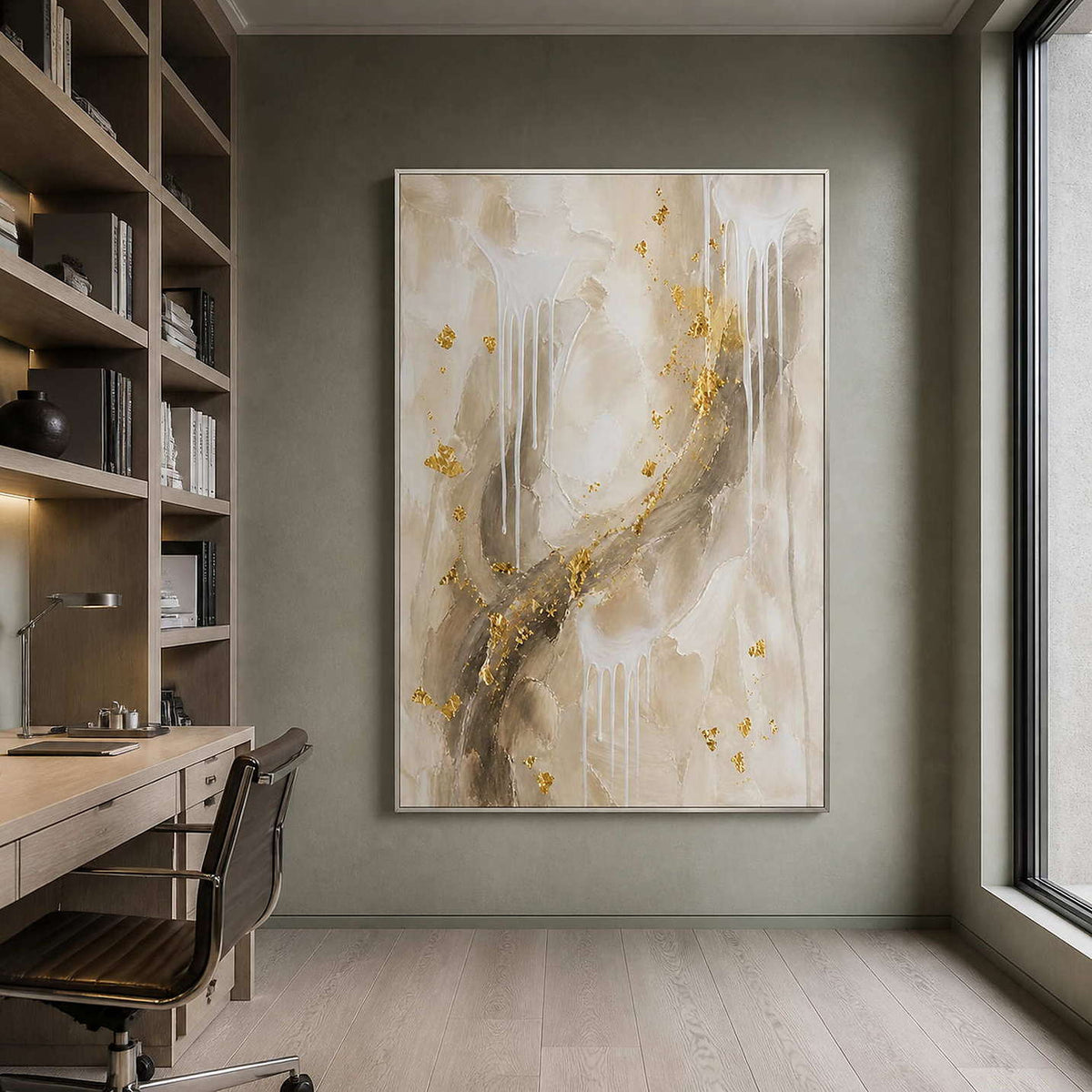 Soft ivory abstract canvas adding organic calm to an office.
