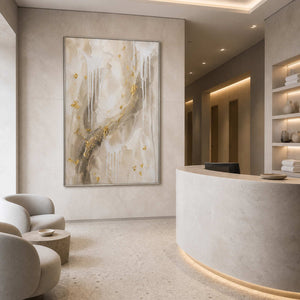 Ivory and gold textured canvas in a champagne-stone spa reception.