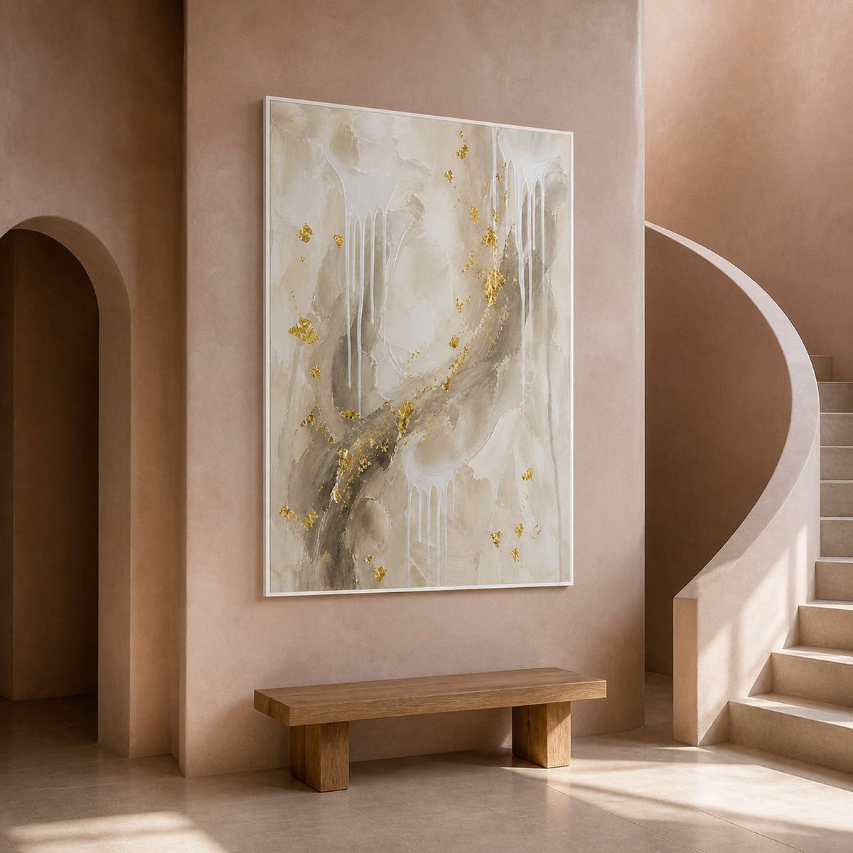 Textured gold-leaf artwork displayed in a clay-toned stair hall.