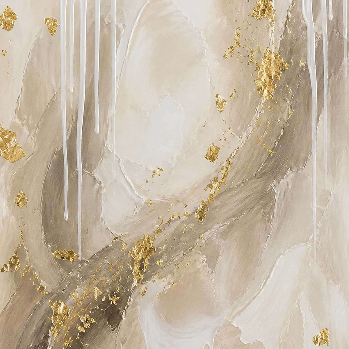 Close-up of ivory layers, pale stone, white drips, and gold leaf.