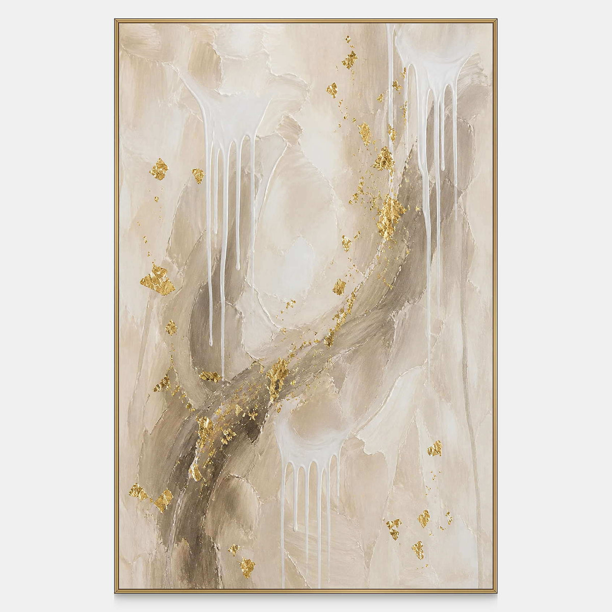 Hand-painted vertical abstract canvas with ivory layers and scattered gold leaf.