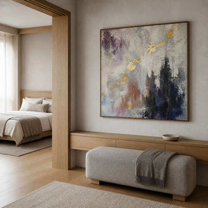 Neutral atmospheric wall art displayed in a pale oak bedroom foyer.