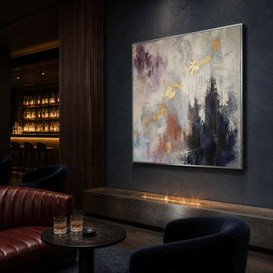 Moody textured abstract wall art in a charcoal blue club lounge.