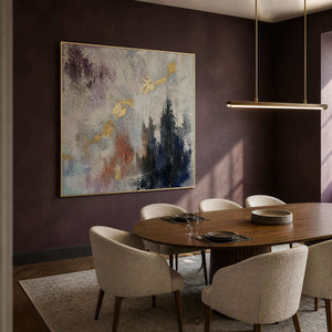 Atmospheric gold and blue abstract painting in a plum dining room.