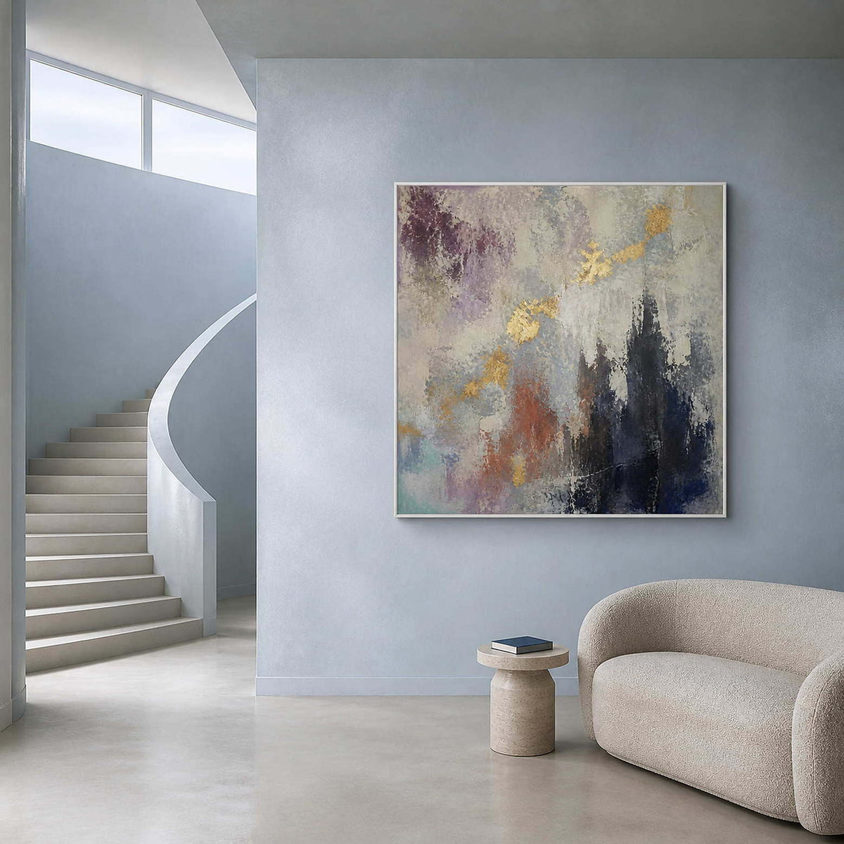 Square textured abstract artwork beside a mist blue modern staircase.