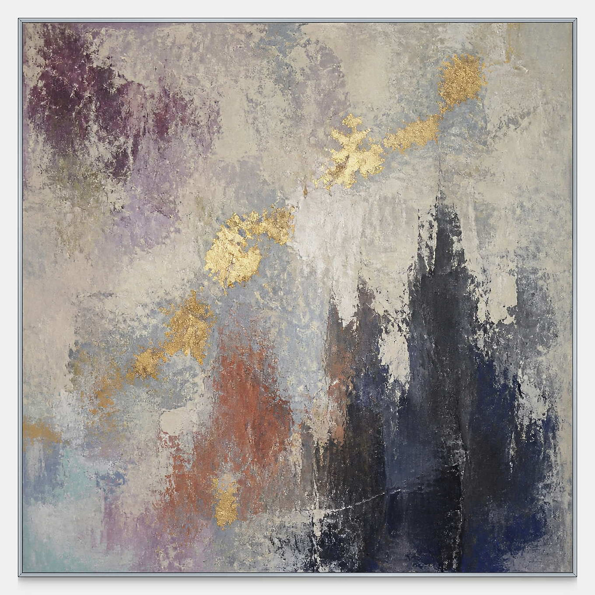 Hand-painted square abstract canvas in gray, violet, blue, and gold.