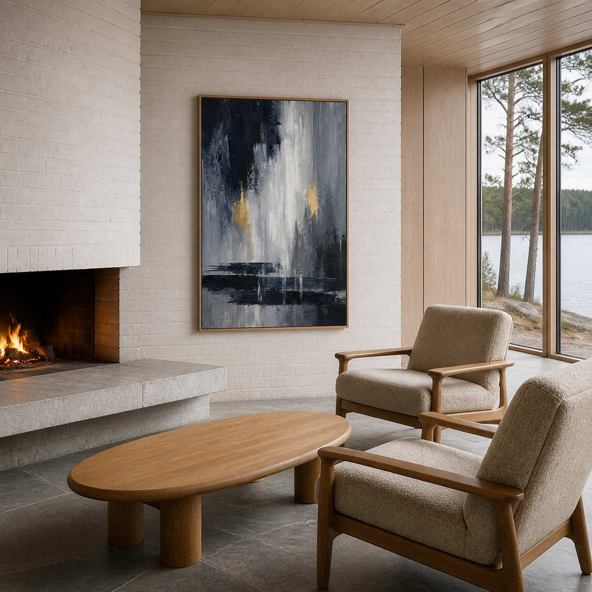 Grey textured abstract wall art displayed beside a bright modern fireplace.
