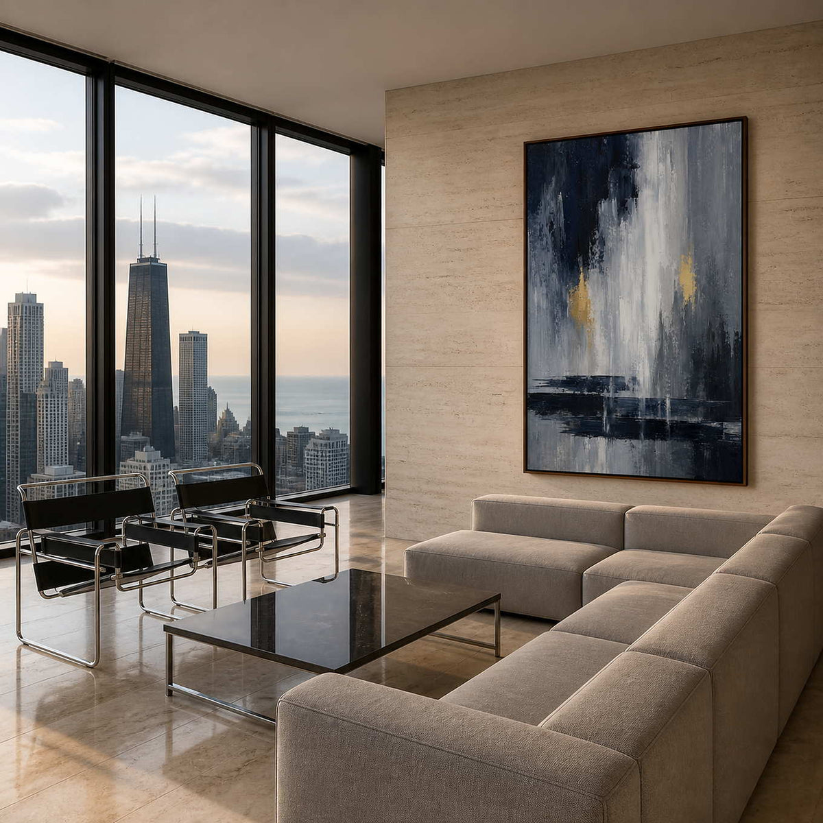 Textured black and grey abstract wall art in a modern city living room.