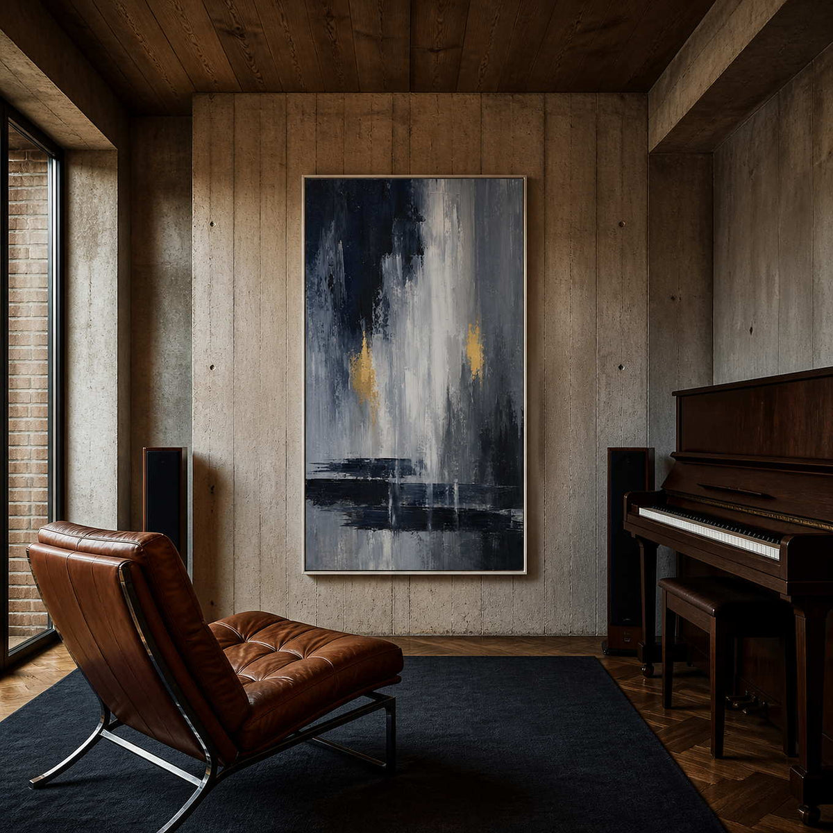 Large vertical abstract wall art displayed in a concrete music room.