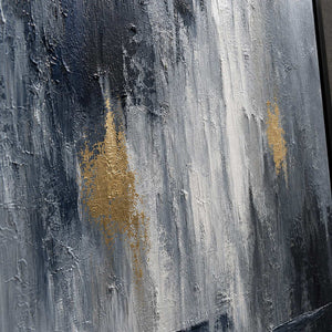 Close-up of rain-like black, grey, white, and metallic gold texture.