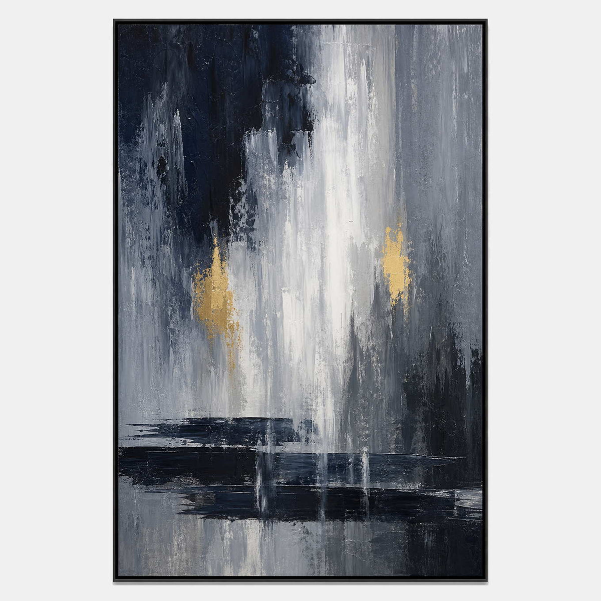 Hand-painted vertical abstract wall art with rain-like grey and gold texture.