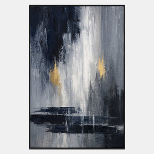 Hand-painted vertical abstract wall art with rain-like grey and gold texture.