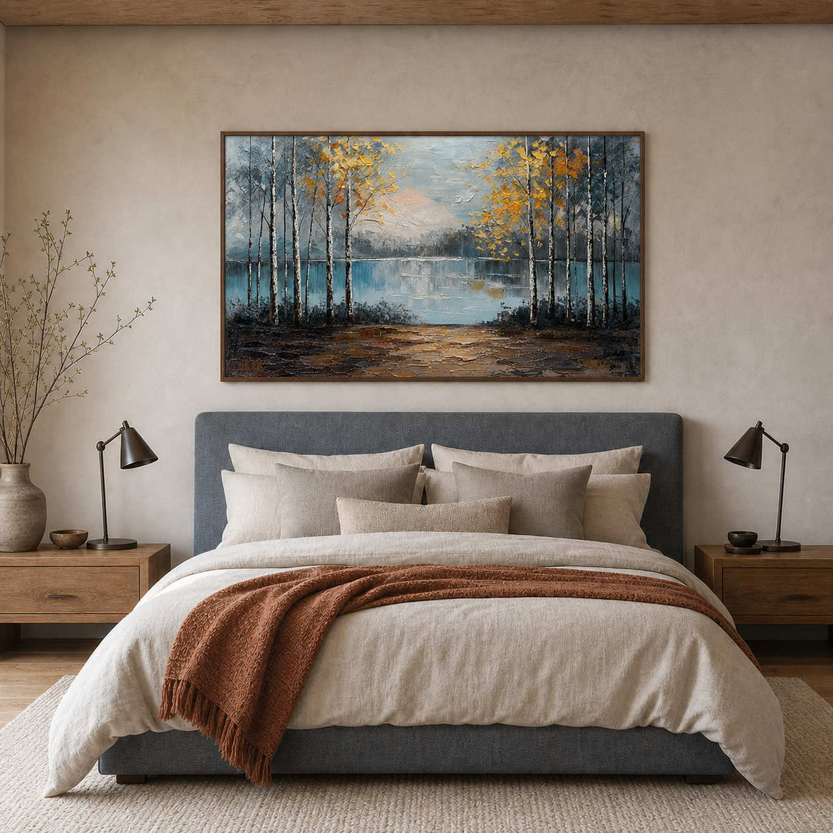 Forest Landscape Wall Art displayed in a refined bedroom.