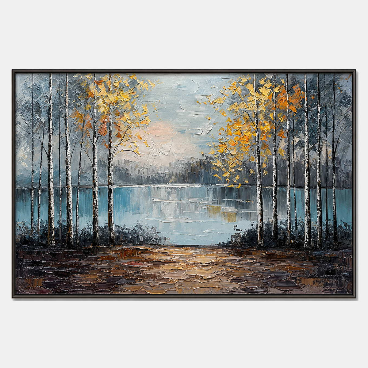 Hand-painted forest landscape wall art with blue, warm tones, and earth tones tones.