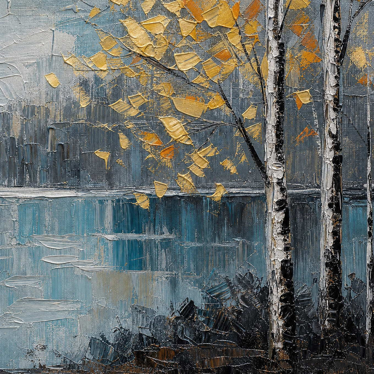 Close-up of raised hand-painted texture in blue, warm tones, and earth tones.