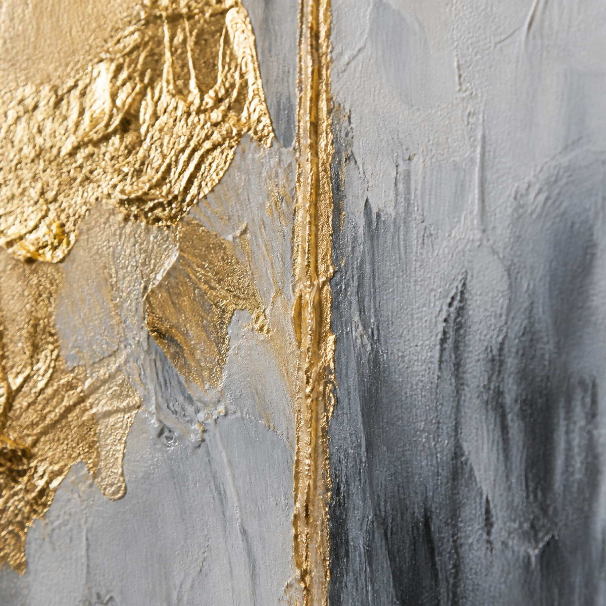 Close-up of raised gold leaf texture and layered gray-white vertical brushwork.