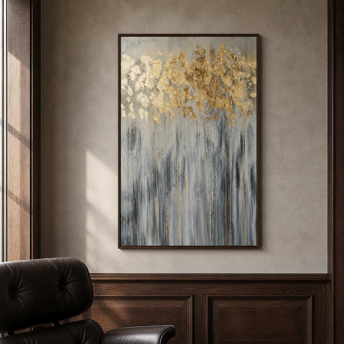 Gold leaf-inspired artwork displayed in a warm paneled reading room.