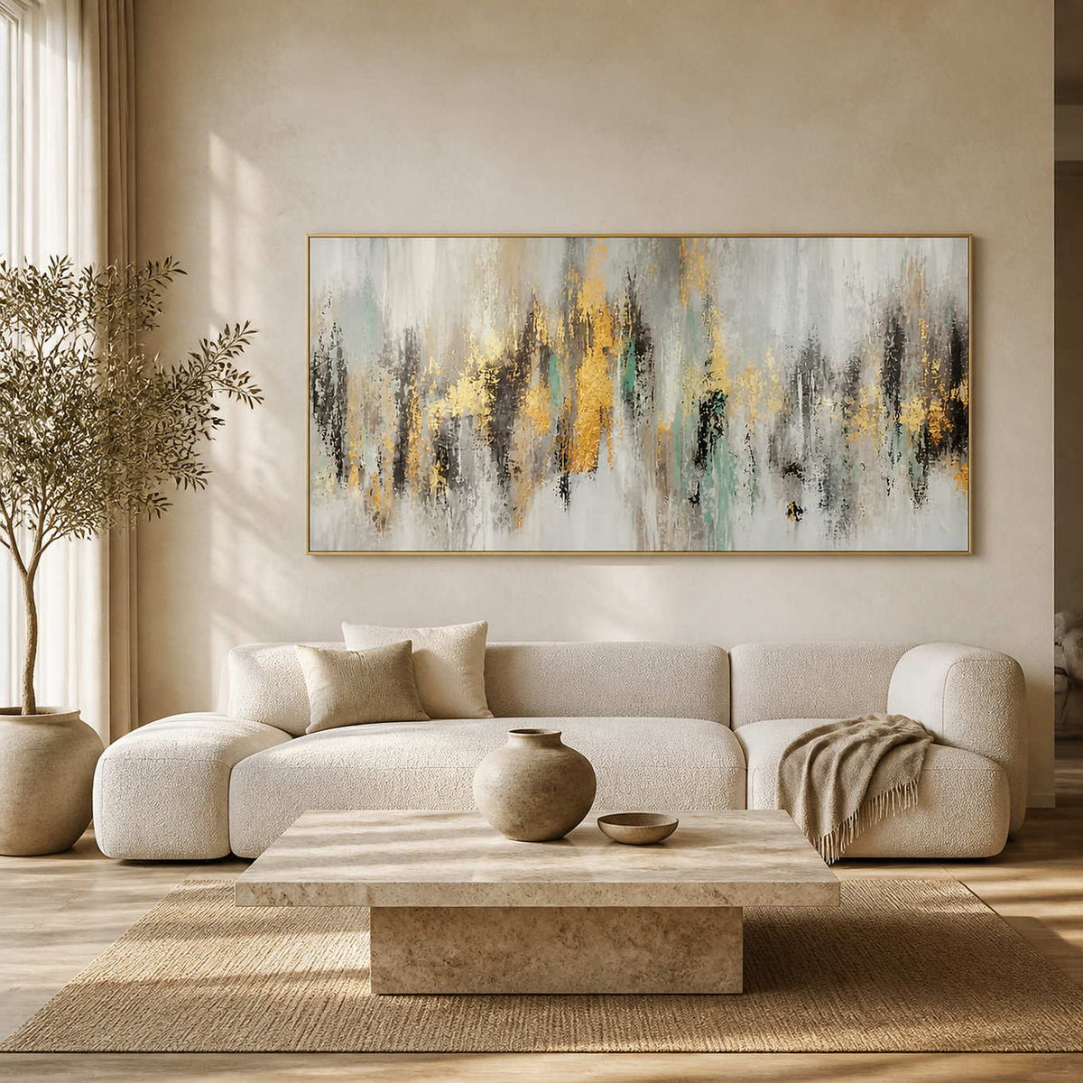 Gold and gray textured panoramic wall art displayed in a warm modern living room.
