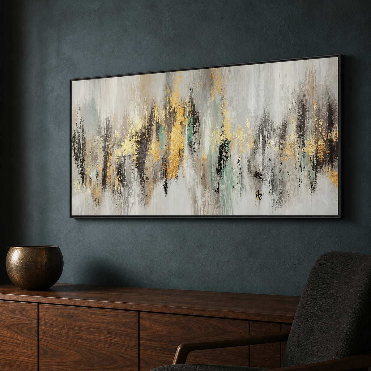 Textured panoramic painting displayed against a deep blue-gray lounge wall.