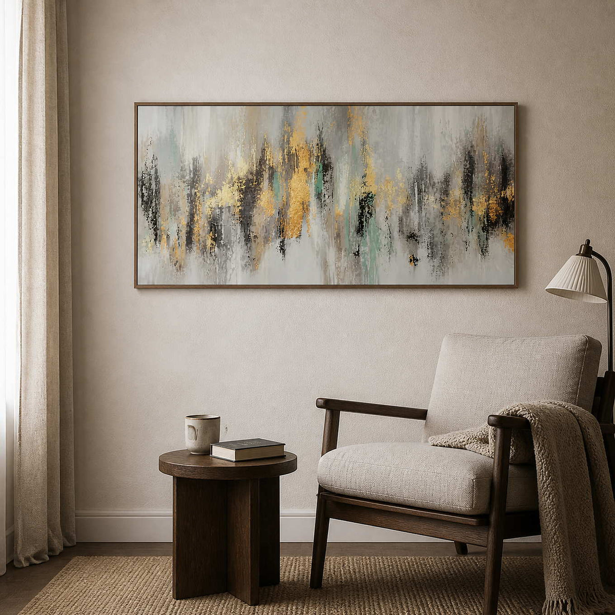 Gold and sage abstract wall art displayed in a quiet reading room.