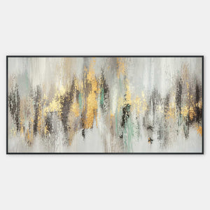 Wide abstract artwork in gold, ivory, gray, charcoal, and muted sage.