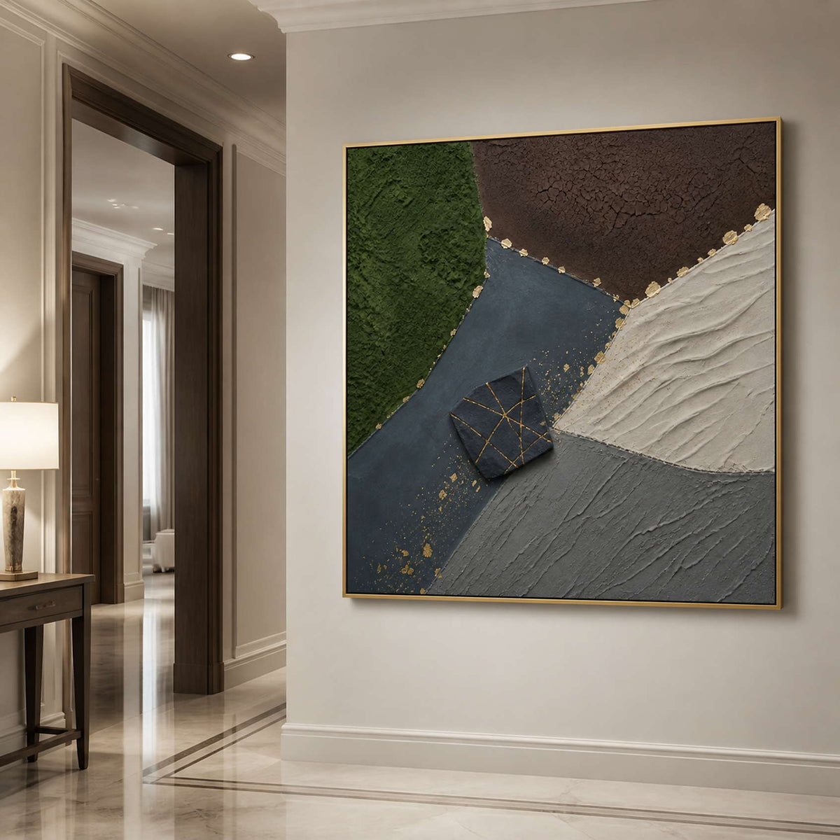 Square organic abstract canvas in a gold frame styled in an entryway.