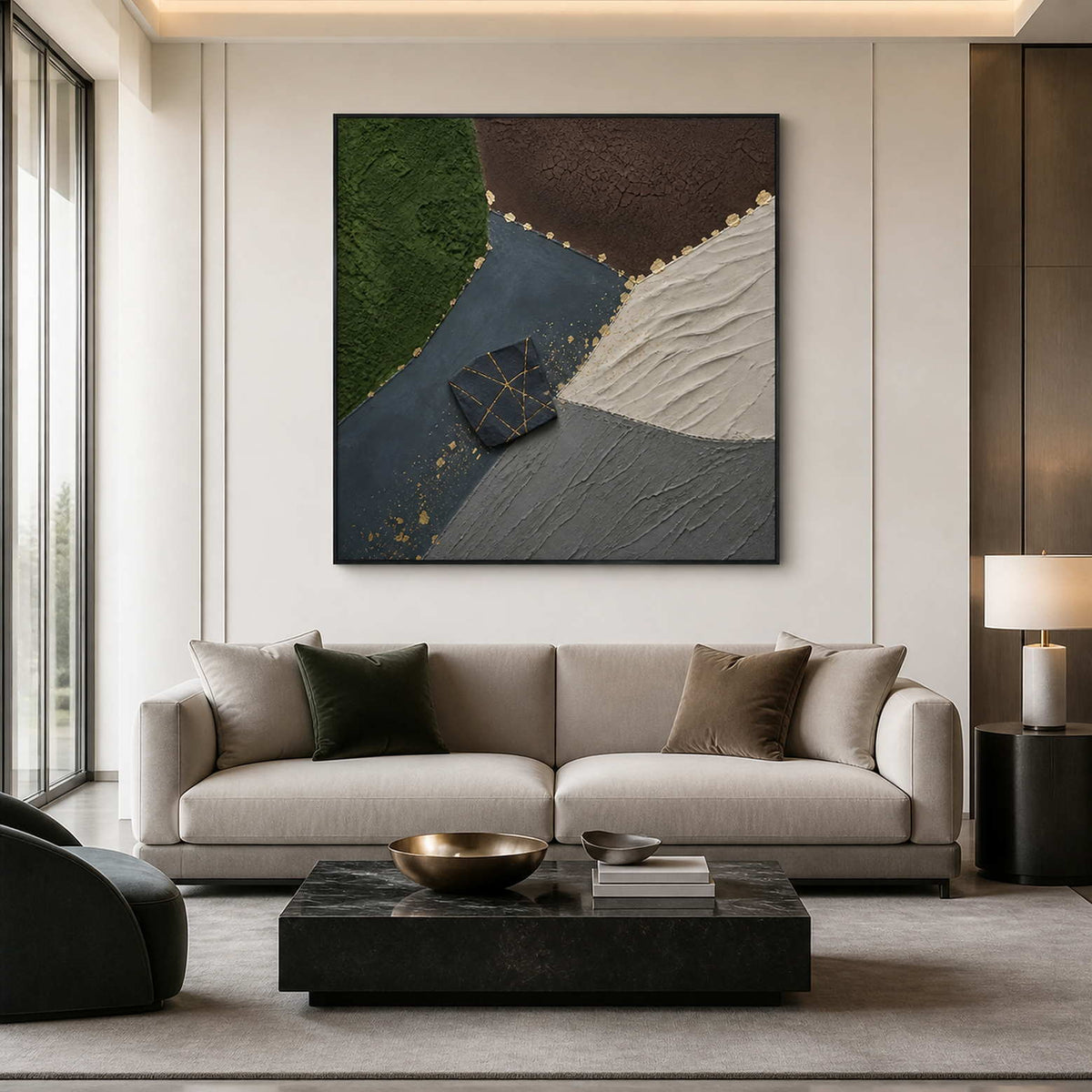 Green and black abstract wall art above a neutral modern living room sofa.