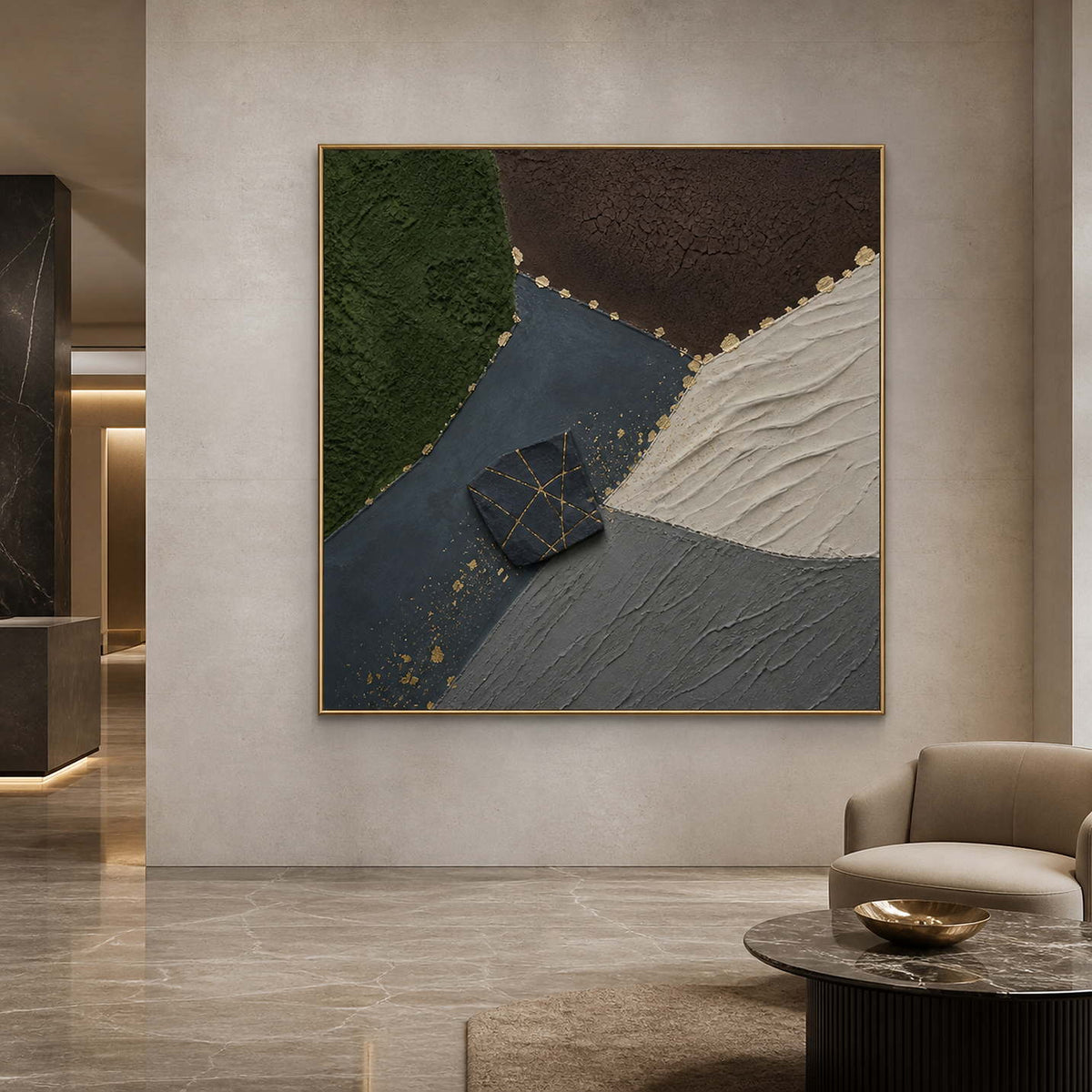 Dark organic abstract artwork in a gold frame inside a modern lobby.