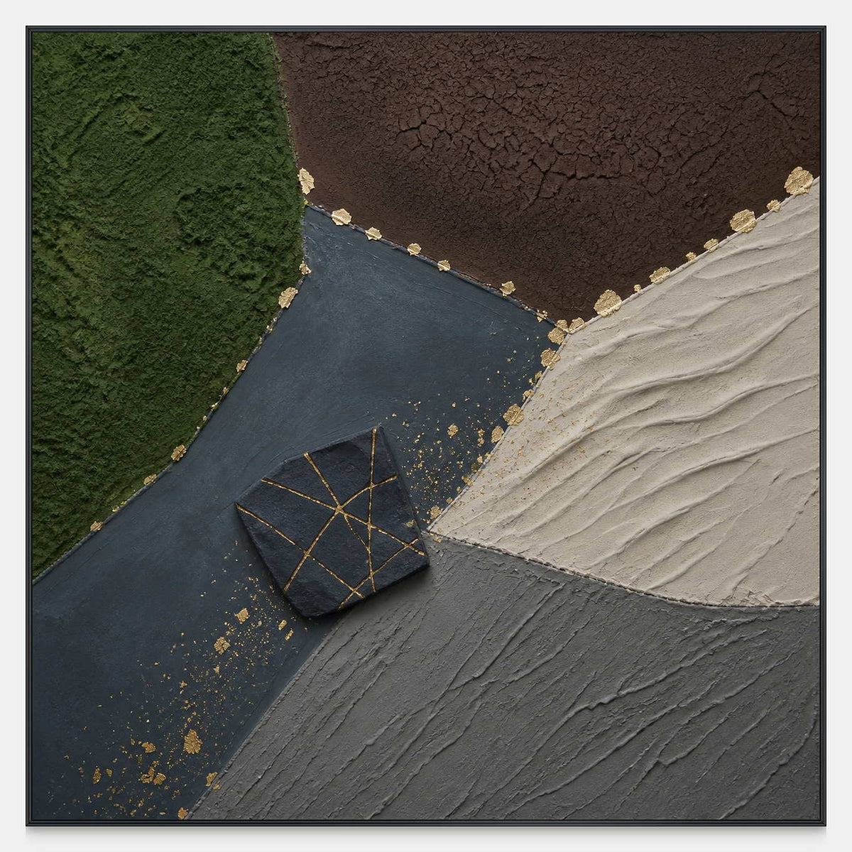 Square textured abstract painting in green, black, ivory, gray, and gold.