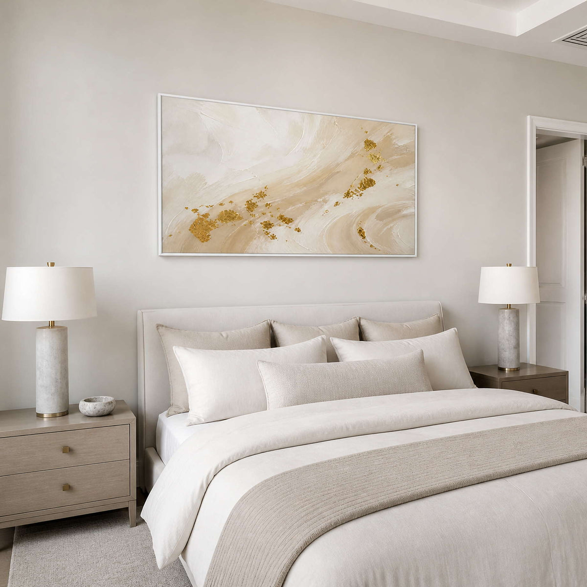 Soft neutral textured abstract wall art displayed above a luxury primary bedroom.
