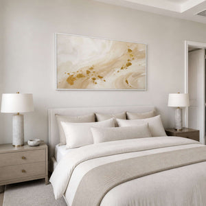 Soft neutral textured abstract wall art displayed above a luxury primary bedroom.