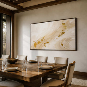 Ivory and gold abstract wall art displayed in a refined American dining room.