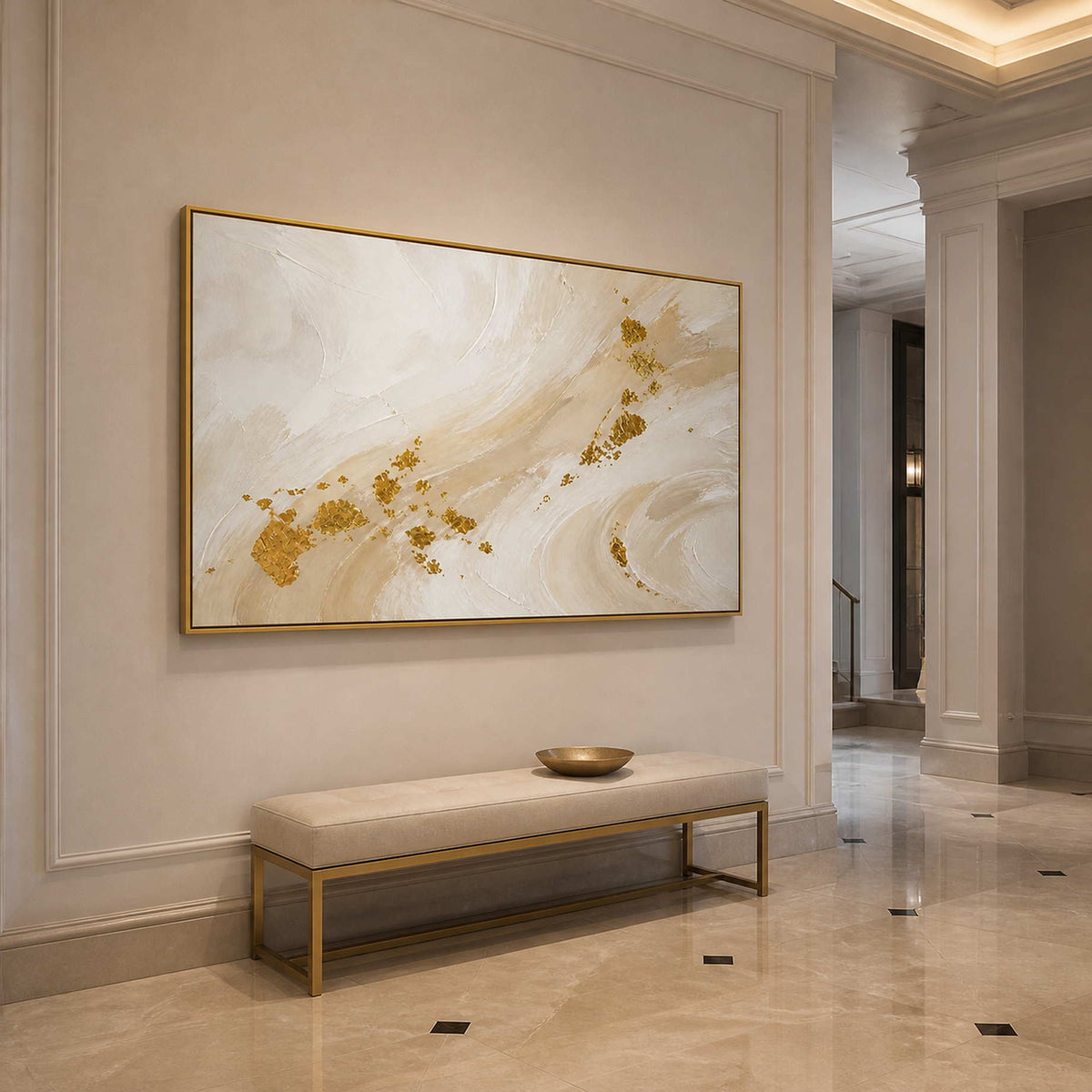 Gold and ivory abstract wall art displayed in an elegant luxury entryway.