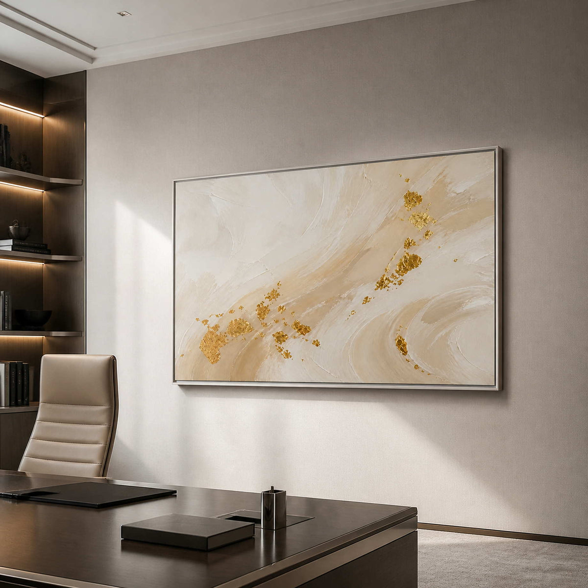 Horizontal neutral abstract wall art displayed in a modern private office.