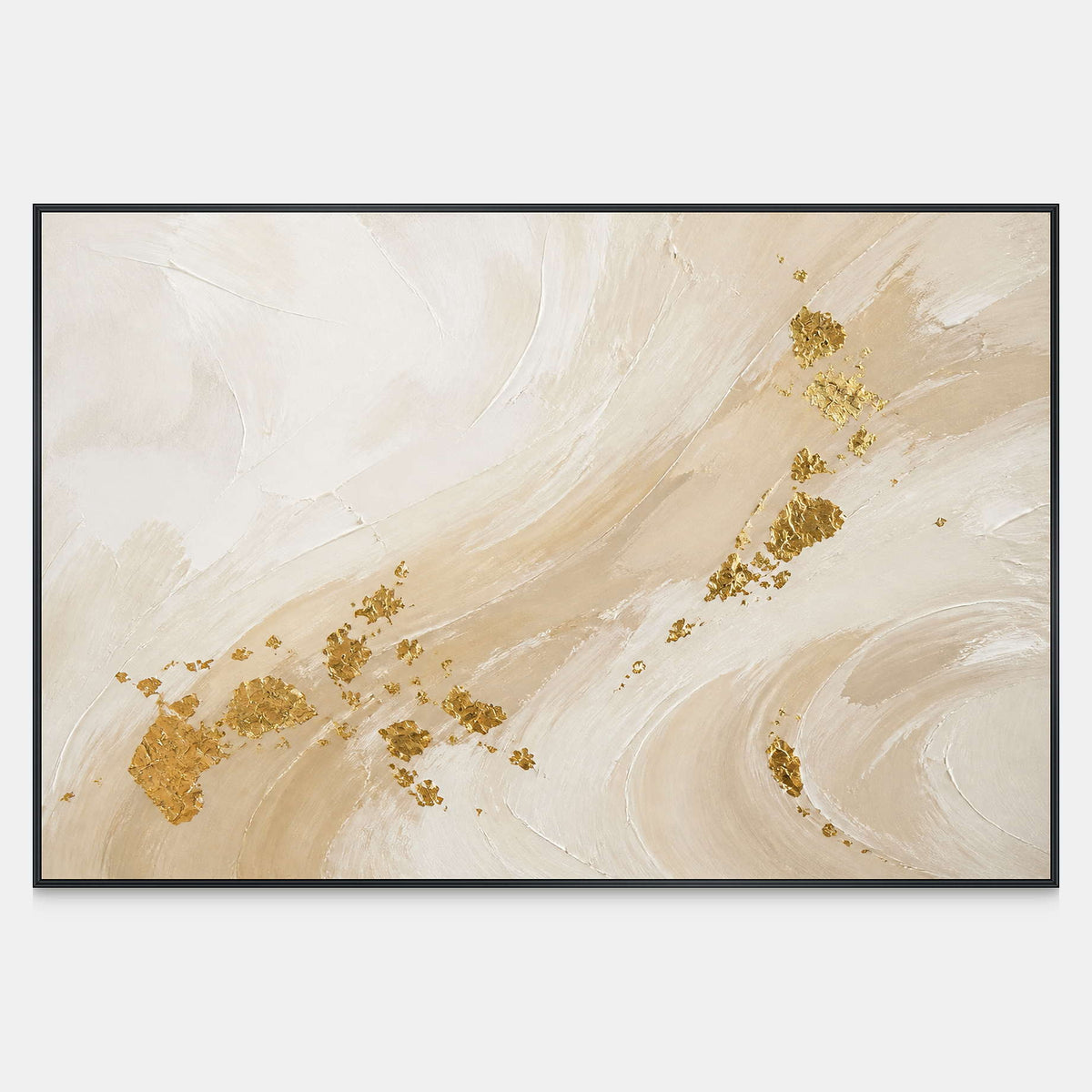 Hand-painted horizontal abstract wall art in ivory, cream, beige, and luminous gold.