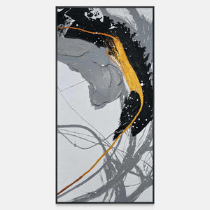 Front view of broad black and gray brush arcs crossed by a gold-colored line and white flecks, with a black frame.