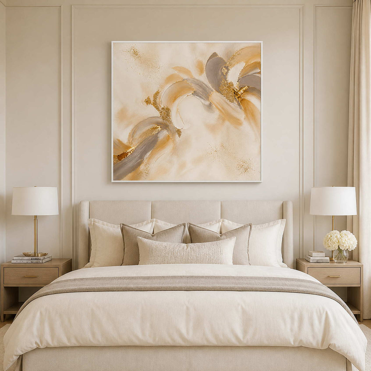 Soft ivory and gold floral canvas above a serene bedroom.