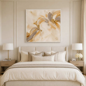 Soft ivory and gold floral canvas above a serene bedroom.