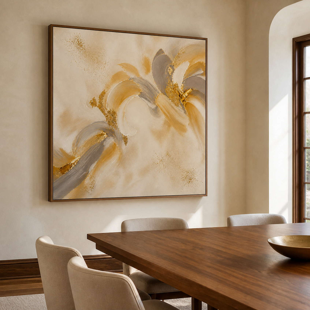 Warm gold petal artwork above a refined wood dining table.