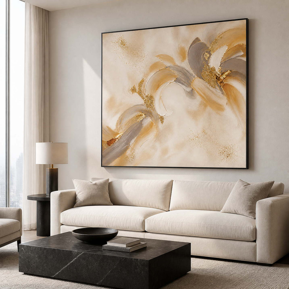 Gold and ivory textured floral wall art in a modern living room.