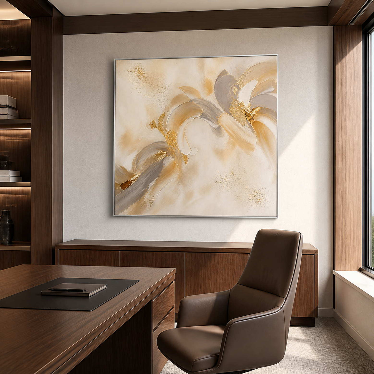 Abstract golden floral wall art in a walnut private office.
