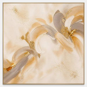 Square abstract floral canvas with gold, taupe, cream, and ivory petal gestures.