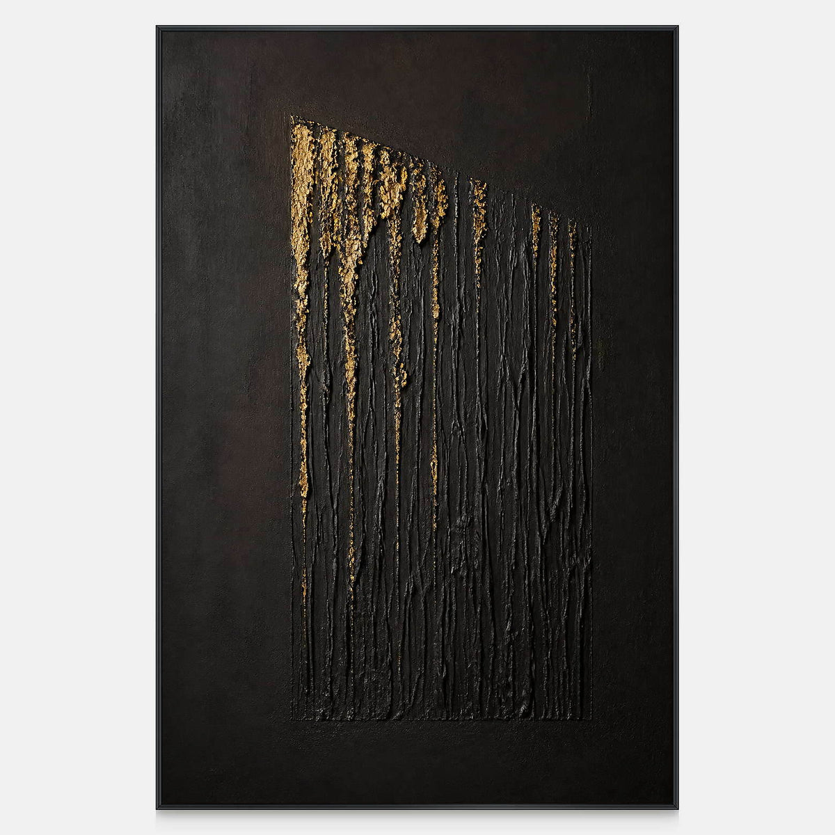 Hand-painted vertical abstract canvas with carved black ridges and gold relief.
