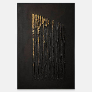 Hand-painted vertical abstract canvas with carved black ridges and gold relief.